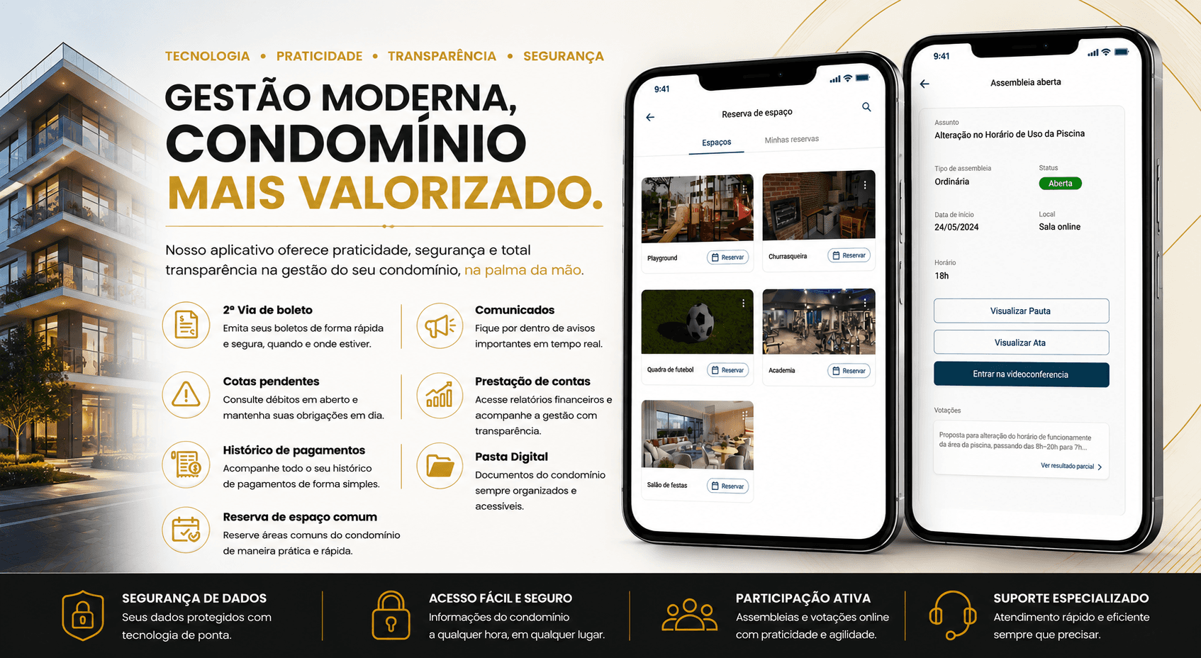 Aplicativo Connect Soluções: reserva de espaços, assembleias online, 2ª via de boleto, comunicados, cotas pendentes, prestação de contas, histórico de pagamentos e pasta digital do condomínio